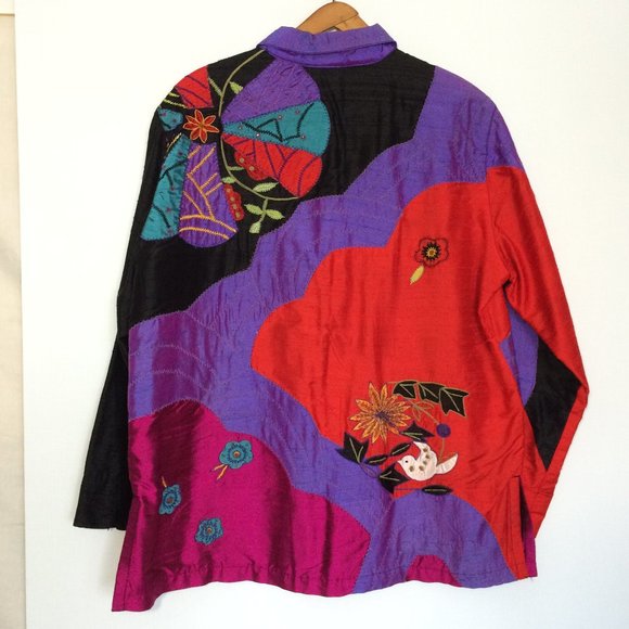 Chicos Design Womens Silk Jacket Sz 3 Multicolor Embroidered Lined Long Sleeve - Picture 2 of 8